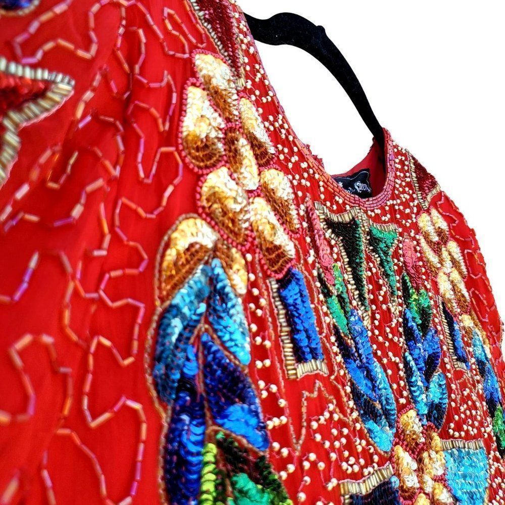 80s Cocktail Dress Short Formal Womens M Red Silk Beaded Embellished Jewel Queen - Picture 6 of 16